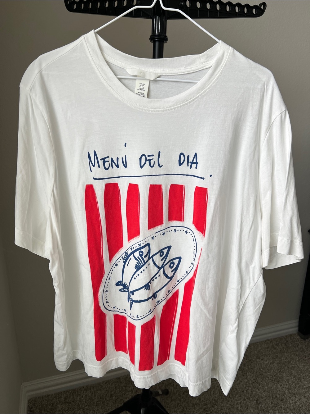 H&M White Short Sleeve Tee with Red Stripes and Blue Graphic